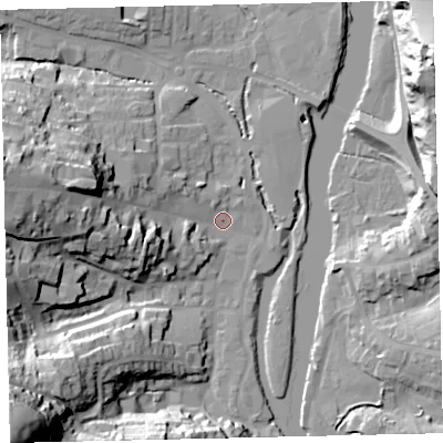 Shaded relief map of the ground around TQ95DA, computed from Environment Agency LiDAR. The ground here sits at about 3 m above sea level and falls 59 m across the surrounding 800 m. Surface water reaching this point runs off ground lying to the west, 28.9 m higher.