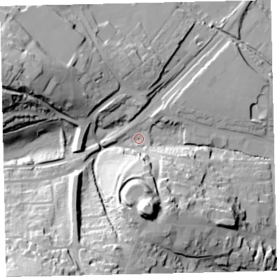 Shaded relief map of the ground around TQ95DB, computed from Environment Agency LiDAR. The ground here sits at about 6 m above sea level and falls 59 m across the surrounding 800 m. Surface water reaching this point runs off ground lying to the south-west, 52.6 m higher.