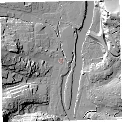 Shaded relief map of the ground around TQ95DD, computed from Environment Agency LiDAR. The ground here sits at about 3 m above sea level and falls 48 m across the surrounding 800 m. Surface water reaching this point runs off ground lying to the west, 27.6 m higher.