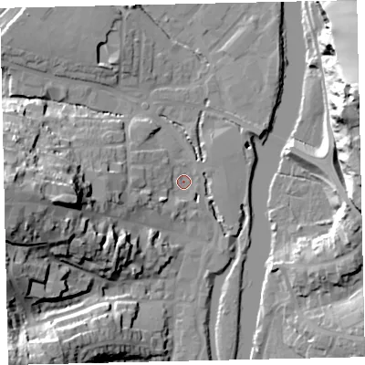 Shaded relief map of the ground around TQ95DF, computed from Environment Agency LiDAR. The ground here sits at about 3 m above sea level and falls 45 m across the surrounding 800 m. Surface water reaching this point runs off ground lying to the west, 26.3 m higher.