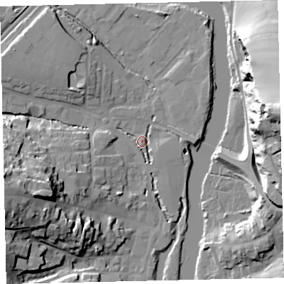 Shaded relief map of the ground around TQ95DH, computed from Environment Agency LiDAR. The ground here sits at about 4 m above sea level and falls 46 m across the surrounding 800 m. Surface water reaching this point runs off ground lying to the south-east, 2.3 m higher.