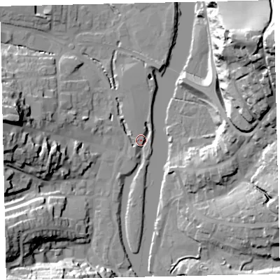 Shaded relief map of the ground around TQ95DL, computed from Environment Agency LiDAR. The ground here sits at about 3 m above sea level and falls 52 m across the surrounding 800 m. Surface water reaching this point runs off ground lying to the west, 25.9 m higher.
