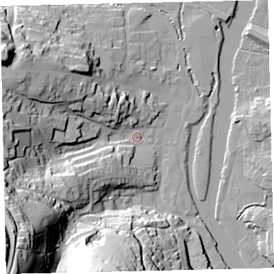 Shaded relief map of the ground around TQ95DN, computed from Environment Agency LiDAR. The ground here sits at about 4 m above sea level and falls 80 m across the surrounding 800 m. Surface water reaching this point runs off ground lying to the south-west, 75.6 m higher.
