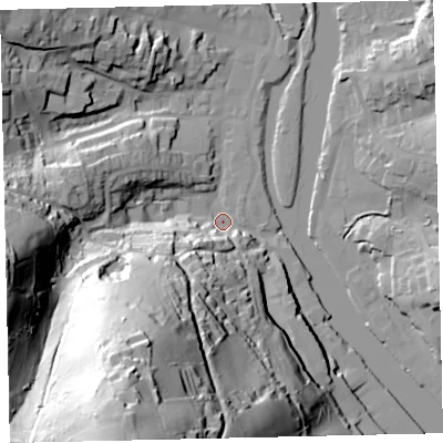 Shaded relief map of the ground around TQ95DP, computed from Environment Agency LiDAR. The ground here sits at about 3 m above sea level and falls 89 m across the surrounding 800 m. Surface water reaching this point runs off ground lying to the south-south-west, 87.3 m higher.