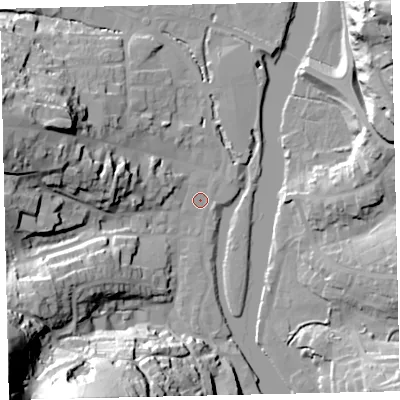 Shaded relief map of the ground around TQ95DR, computed from Environment Agency LiDAR. The ground here sits at about 3 m above sea level and falls 54 m across the surrounding 800 m. Surface water reaching this point runs off ground lying to the west-north-west, 29.0 m higher.