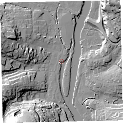 Shaded relief map of the ground around TQ95DW, computed from Environment Agency LiDAR. The ground here sits at about 3 m above sea level and falls 56 m across the surrounding 800 m. Surface water reaching this point runs off ground lying to the south-west, 54.1 m higher.