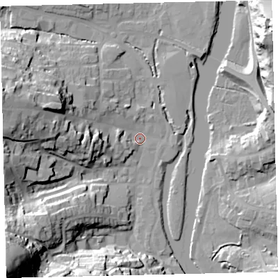 Shaded relief map of the ground around TQ95DX, computed from Environment Agency LiDAR. The ground here sits at about 3 m above sea level and falls 63 m across the surrounding 800 m. Surface water reaching this point runs off ground lying to the west-north-west, 29.4 m higher.