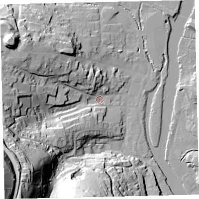 Shaded relief map of the ground around TQ95DY, computed from Environment Agency LiDAR. The ground here sits at about 4 m above sea level and falls 93 m across the surrounding 800 m. Surface water reaching this point runs off ground lying to the south-west, 87.7 m higher.