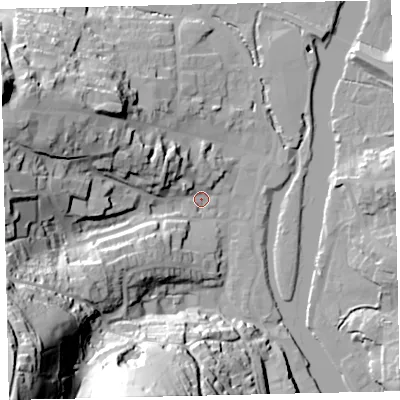 Shaded relief map of the ground around TQ95EF, computed from Environment Agency LiDAR. The ground here sits at about 4 m above sea level and falls 77 m across the surrounding 800 m. Surface water reaching this point runs off ground lying to the south-west, 72.6 m higher.