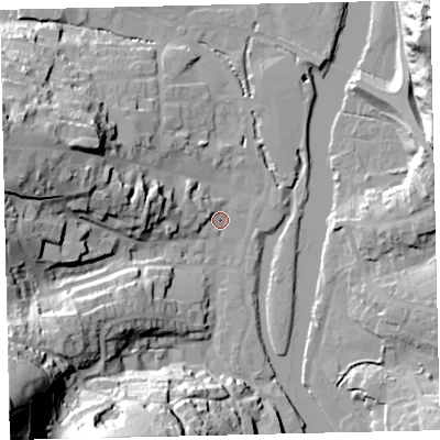 Shaded relief map of the ground around TQ95EJ, computed from Environment Agency LiDAR. The ground here sits at about 3 m above sea level and falls 64 m across the surrounding 800 m. Surface water reaching this point runs off ground lying to the west-north-west, 3.2 m higher.
