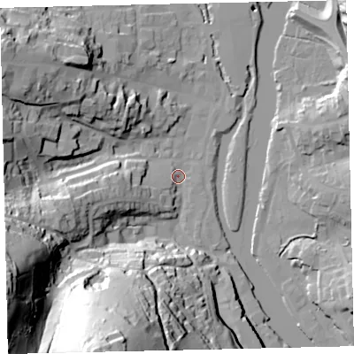 Shaded relief map of the ground around TQ95EL, computed from Environment Agency LiDAR. The ground here sits at about 3 m above sea level and falls 77 m across the surrounding 800 m. Surface water reaching this point runs off ground lying to the south-south-west, 73.3 m higher.