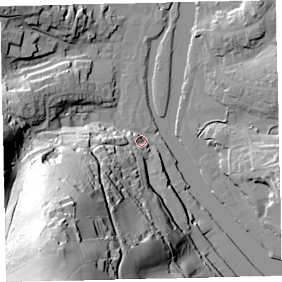 Shaded relief map of the ground around TQ95EN, computed from Environment Agency LiDAR. The ground here sits at about 7 m above sea level and falls 92 m across the surrounding 800 m. Surface water reaching this point runs off ground lying to the south-west, 25.7 m higher.