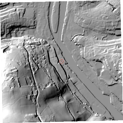 Shaded relief map of the ground around TQ95EW, computed from Environment Agency LiDAR. The ground here sits at about 4 m above sea level and falls 120 m across the surrounding 800 m. Surface water reaching this point runs off ground lying to the south-south-west, 113.8 m higher.