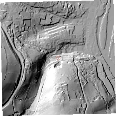 Shaded relief map of the ground around TQ95EX, computed from Environment Agency LiDAR. The ground here sits at about 17 m above sea level and falls 115 m across the surrounding 800 m. Surface water reaching this point runs off ground lying to the south, 78.7 m higher.
