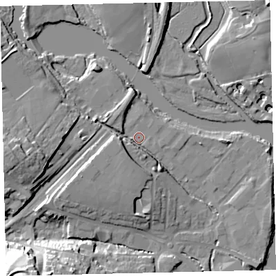 Shaded relief map of the ground around TQ95FN, computed from Environment Agency LiDAR. The ground here sits at about 4 m above sea level and falls 30 m across the surrounding 800 m. Surface water reaching this point runs off ground lying to the west, 12.4 m higher.
