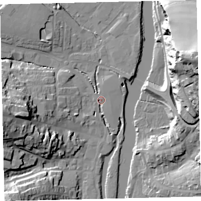 Shaded relief map of the ground around TQ95GN, computed from Environment Agency LiDAR. The ground here sits at about 4 m above sea level and falls 48 m across the surrounding 800 m. Surface water reaching this point runs off ground lying to the north-north-east, 1.9 m higher.