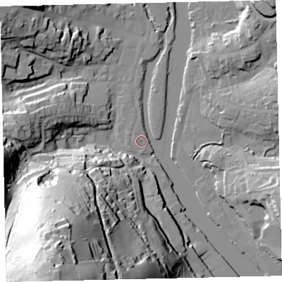 Shaded relief map of the ground around TQ95GZ, computed from Environment Agency LiDAR. The ground here sits at about 3 m above sea level and falls 88 m across the surrounding 800 m. Surface water reaching this point runs off ground lying to the west-north-west, 0.5 m higher.