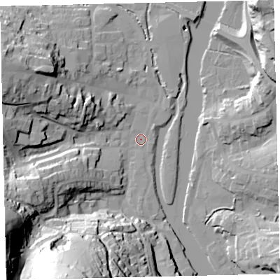 Shaded relief map of the ground around TQ95HA, computed from Environment Agency LiDAR. The ground here sits at about 3 m above sea level and falls 67 m across the surrounding 800 m. Surface water reaching this point runs off ground lying to the south-south-west, 64.6 m higher.