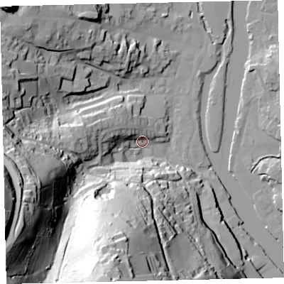 Shaded relief map of the ground around TQ95HB, computed from Environment Agency LiDAR. The ground here sits at about 6 m above sea level and falls 87 m across the surrounding 800 m. Surface water reaching this point runs off ground lying to the west, 20.6 m higher.