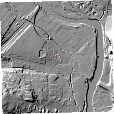 Shaded relief map of the ground around TQ95HZ, computed from Environment Agency LiDAR. The ground here sits at about 5 m above sea level and falls 35 m across the surrounding 800 m. Surface water reaching this point runs off ground lying to the west-north-west, 1.6 m higher.