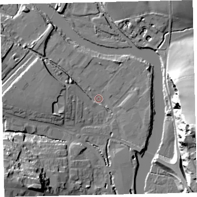 Shaded relief map of the ground around TQ95JA, computed from Environment Agency LiDAR. The ground here sits at about 3 m above sea level and falls 45 m across the surrounding 800 m. Surface water reaching this point runs off ground lying to the west, 7.6 m higher.