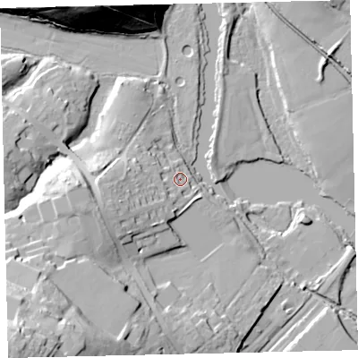 Shaded relief map of the ground around TQ95JB, computed from Environment Agency LiDAR. The ground here sits at about 8 m above sea level and falls 42 m across the surrounding 800 m. Surface water reaching this point runs off ground lying to the west-south-west, 13.5 m higher.