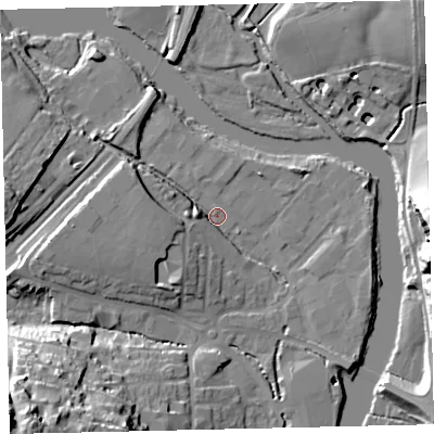 Shaded relief map of the ground around TQ95JD, computed from Environment Agency LiDAR. The ground here sits at about 4 m above sea level and falls 39 m across the surrounding 800 m. Surface water reaching this point runs off ground lying to the west, 10.2 m higher.