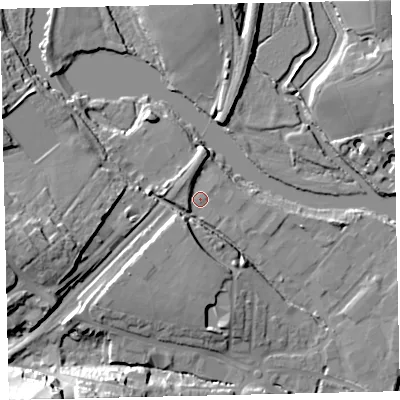 Shaded relief map of the ground around TQ95JE, computed from Environment Agency LiDAR. The ground here sits at about 4 m above sea level and falls 21 m across the surrounding 800 m. Surface water reaching this point runs off ground lying to the north-west, 2.9 m higher.