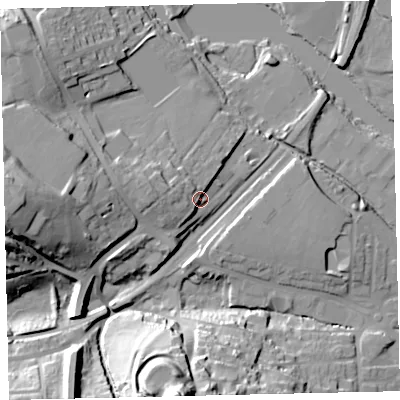 Shaded relief map of the ground around TQ95JP, computed from Environment Agency LiDAR. The ground here sits at about 10 m above sea level and falls 49 m across the surrounding 800 m. Surface water reaching this point runs off ground lying to the west-north-west, 6.6 m higher.