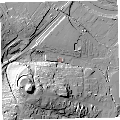 Shaded relief map of the ground around TQ95JR, computed from Environment Agency LiDAR. The ground here sits at about 5 m above sea level and falls 49 m across the surrounding 800 m. Surface water reaching this point runs off ground lying to the south-west, 46.7 m higher.