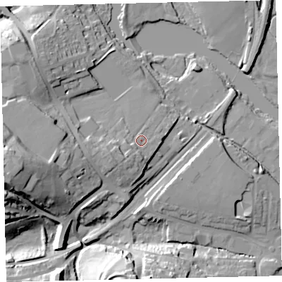 Shaded relief map of the ground around TQ95JS, computed from Environment Agency LiDAR. The ground here sits at about 11 m above sea level and falls 33 m across the surrounding 800 m. Surface water reaching this point runs off ground lying to the south-west, 4.6 m higher.