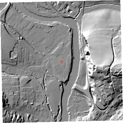 Shaded relief map of the ground around TQ95LE, computed from Environment Agency LiDAR. The ground here sits at about 4 m above sea level and falls 55 m across the surrounding 800 m. Surface water reaching this point runs off ground lying to the south-south-east, 1.8 m higher.