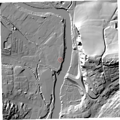 Shaded relief map of the ground around TQ95LQ, computed from Environment Agency LiDAR. The ground here sits at about 5 m above sea level and falls 58 m across the surrounding 800 m. The ground contributing surface water to this point lies to the west-south-west.
