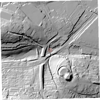 Shaded relief map of the ground around TQ95NH, computed from Environment Agency LiDAR. The ground here sits at about 5 m above sea level and falls 53 m across the surrounding 800 m. Surface water reaching this point runs off ground lying to the south-south-west, 48.6 m higher.