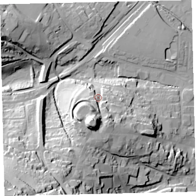 Shaded relief map of the ground around TQ95NX, computed from Environment Agency LiDAR. The ground here sits at about 20 m above sea level and falls 77 m across the surrounding 800 m. Surface water reaching this point runs off ground lying to the south-south-west, 34.4 m higher.