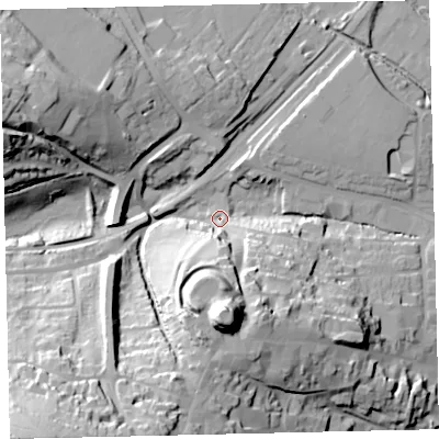 Shaded relief map of the ground around TQ95PX, computed from Environment Agency LiDAR. The ground here sits at about 7 m above sea level and falls 66 m across the surrounding 800 m. Surface water reaching this point runs off ground lying to the south, 43.9 m higher.