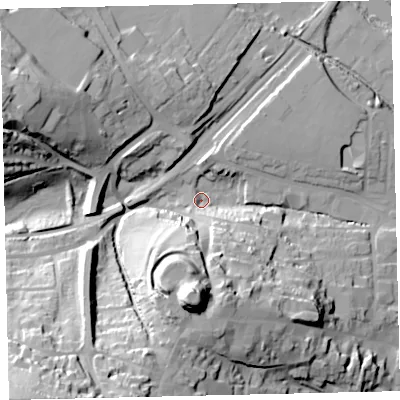 Shaded relief map of the ground around TQ95PY, computed from Environment Agency LiDAR. The ground here sits at about 4 m above sea level and falls 59 m across the surrounding 800 m. Surface water reaching this point runs off ground lying to the south-west, 55.2 m higher.