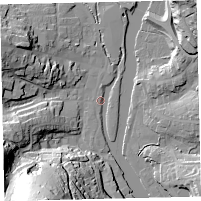 Shaded relief map of the ground around TQ95QL, computed from Environment Agency LiDAR. The ground here sits at about 3 m above sea level and falls 72 m across the surrounding 800 m. Surface water reaching this point runs off ground lying to the south-south-west, 70.1 m higher.