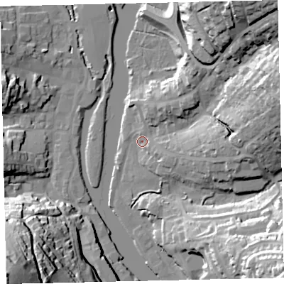 Shaded relief map of the ground around TQ95QP, computed from Environment Agency LiDAR. The ground here sits at about 4 m above sea level and falls 75 m across the surrounding 800 m. Surface water reaching this point runs off ground lying to the north-east, 37.2 m higher.