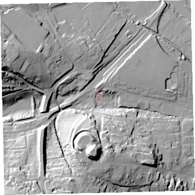 Shaded relief map of the ground around TQ95QW, computed from Environment Agency LiDAR. The ground here sits at about 4 m above sea level and falls 51 m across the surrounding 800 m. Surface water reaching this point runs off ground lying to the south-west, 48.3 m higher.