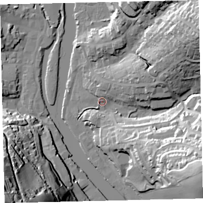 Shaded relief map of the ground around TQ95SJ, computed from Environment Agency LiDAR. The ground here sits at about 5 m above sea level and falls 76 m across the surrounding 800 m. Surface water reaching this point runs off ground lying to the south-east, 45.7 m higher.
