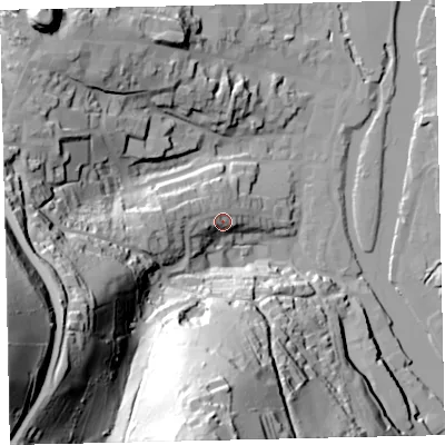 Shaded relief map of the ground around TQ95TL, computed from Environment Agency LiDAR. The ground here sits at about 15 m above sea level and falls 103 m across the surrounding 800 m. Surface water reaching this point runs off ground lying to the west-north-west, 10.1 m higher.