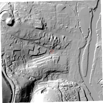 Shaded relief map of the ground around TQ95TR, computed from Environment Agency LiDAR. The ground here sits at about 5 m above sea level and falls 104 m across the surrounding 800 m. Surface water reaching this point runs off ground lying to the south-west, 97.9 m higher.