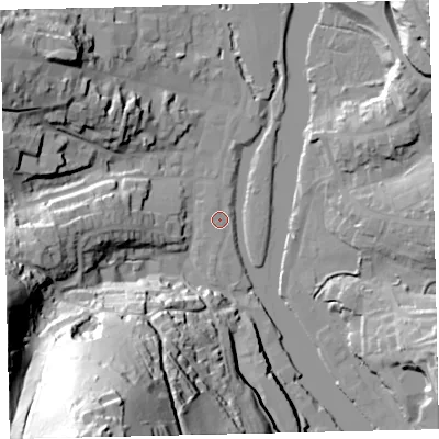 Shaded relief map of the ground around TQ95WB, computed from Environment Agency LiDAR. The ground here sits at about 3 m above sea level and falls 81 m across the surrounding 800 m. Surface water reaching this point runs off ground lying to the south, 1.2 m higher.