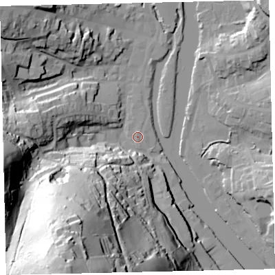 Shaded relief map of the ground around TQ95WE, computed from Environment Agency LiDAR. The ground here sits at about 4 m above sea level and falls 88 m across the surrounding 800 m. Surface water reaching this point runs off ground lying to the north, 0.6 m higher.
