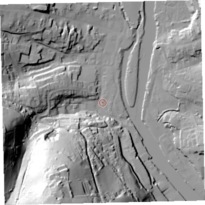 Shaded relief map of the ground around TQ95WF, computed from Environment Agency LiDAR. The ground here sits at about 3 m above sea level and falls 88 m across the surrounding 800 m. Surface water reaching this point runs off ground lying to the south-south-west, 86.8 m higher.