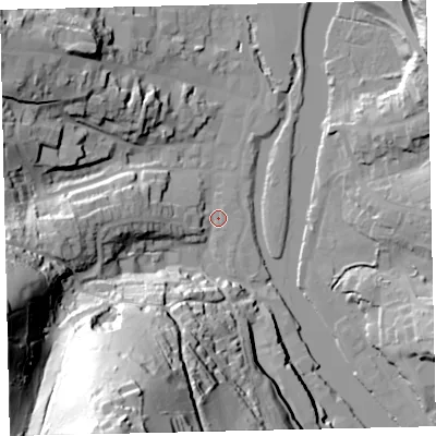 Shaded relief map of the ground around TQ95WG, computed from Environment Agency LiDAR. The ground here sits at about 3 m above sea level and falls 82 m across the surrounding 800 m. Surface water reaching this point runs off ground lying to the south-south-west, 80.4 m higher.