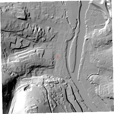 Shaded relief map of the ground around TQ95WH, computed from Environment Agency LiDAR. The ground here sits at about 3 m above sea level and falls 79 m across the surrounding 800 m. Surface water reaching this point runs off ground lying to the south-south-west, 75.7 m higher.