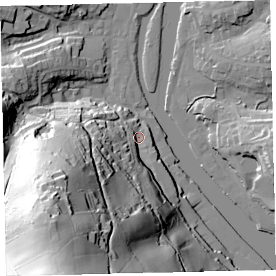 Shaded relief map of the ground around TQ95WT, computed from Environment Agency LiDAR. The ground here sits at about 9 m above sea level and falls 105 m across the surrounding 800 m. Surface water reaching this point runs off ground lying to the south-south-west, 98.0 m higher.