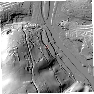 Shaded relief map of the ground around TQ95WY, computed from Environment Agency LiDAR. The ground here sits at about 10 m above sea level and falls 128 m across the surrounding 800 m. Surface water reaching this point runs off ground lying to the south-west, 119.4 m higher.